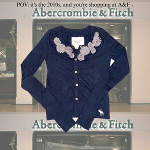 Vintage Y2K Abercrombie & Fitch A&F Navy Blue Cardigan Flower Rhinestones